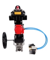 Кран шаровой DN.ru BV3232P(3pc)-FP-W-ISO-H Ду25 Ру63, полнопроходной под приварку, нержавеющая сталь SS316, PTFE, с пневмоприводом PA-DA-052 двойного действия, с пневмораспределителем 4V320-08 220В, с БКВ APL-410N EX, с ручным дублером MON1-250-T26-ISO