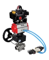 Кран шаровой DN.ru BV3232P(3pc)-FP-W-ISO-H Ду25 Ру63, полнопроходной под приварку, нержавеющая сталь SS316, PTFE, с пневмоприводом PA-DA-052 двойного действия, с пневмораспределителем 4V320-08 220В, с БКВ APL-410N EX, с ручным дублером MON1-250-T26-ISO