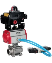 Кран шаровой DN.ru BV3232P(3pc)-FP-W-ISO-H Ду10 Ру63, полнопроходной под приварку, нержавеющая сталь SS316, уплотнение - PTFE, с пневмоприводом PA-DA-052 двойного действия, с пневмораспределителем 4V320-08 220В, с БКВ APL-410N EX