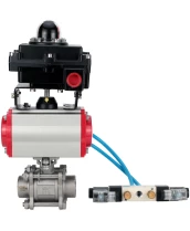 Кран шаровой DN.ru BV3232P(3pc)-FP-W-ISO-H Ду65 Ру25, полнопроходной под приварку, нержавеющая сталь SS316, уплотнение - PTFE, с пневмоприводом PA-DA-083 двойного действия, с пневмораспределителем 4V320-10 220В, с БКВ APL-410N EX