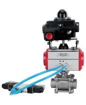 Кран шаровой DN.ru BV3232P(3pc)-FP-W-ISO-H Ду65 Ру25, полнопроходной под приварку, нержавеющая сталь SS316, уплотнение - PTFE, с пневмоприводом PA-DA-083 двойного действия, с пневмораспределителем 4V320-10 220В, с БКВ APL-410N EX