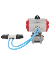 Кран шаровой DN.ru BV3232P(3pc)-FP-W-ISO-H Ду15 Ру63, полнопроходной под приварку, нержавеющая сталь SS316, уплотнение - PTFE, с пневмоприводом PA-DA-052 двойного действия, с пневмораспределителем 4V320-08 220В