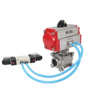 Кран шаровой DN.ru BV3232P(3pc)-FP-W-ISO-H Ду15 Ру63, полнопроходной под приварку, нержавеющая сталь SS316, уплотнение - PTFE, с пневмоприводом PA-DA-052 двойного действия, с пневмораспределителем 4V320-08 220В