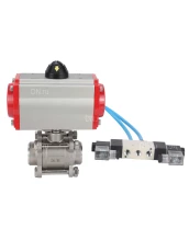 Кран шаровой DN.ru BV3232P(3pc)-FP-W-ISO-H Ду15 Ру63, полнопроходной под приварку, нержавеющая сталь SS316, уплотнение - PTFE, с пневмоприводом PA-DA-052 двойного действия, с пневмораспределителем 4V320-08 220В