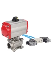 Кран шаровой DN.ru BV3232P(3pc)-FP-W-ISO-H Ду15 Ру63, полнопроходной под приварку, нержавеющая сталь SS316, уплотнение - PTFE, с пневмоприводом PA-DA-052 двойного действия, с пневмораспределителем 4V320-08 220В