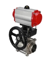 Кран шаровой DN.ru BV3232P(3pc)-FP-W-ISO-H Ду10 Ру63 полнопроходной двухходовой, нержавеющая сталь SS316, под приварку, уплотнение - PTFE, с пневмоприводом DN.ru PA-DA-052 и ручным дублером MON1-250-T26-ISO