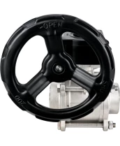 Кран шаровой DN.ru BV3232P(3pc)-FP-W-ISO-H Ду32 Ру63 полнопроходной двухходовой, нержавеющая сталь SS316, под приварку, уплотнение - PTFE, с ISO фланцем и редуктором DN.ru HAM RQN1-180Z-T40