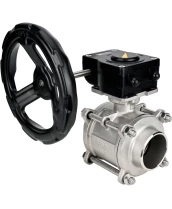 Кран шаровой DN.ru BV3232P(3pc)-FP-W-ISO-H Ду32 Ру63 полнопроходной двухходовой, нержавеющая сталь SS316, под приварку, уплотнение - PTFE, с ISO фланцем и редуктором DN.ru HAM RQN1-180Z-T40