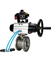 Кран шаровой DN.ru BV3232P-FP-Fb-ISO-H Ду80 Ру16, полнопроходной межфланцевый, нержавеющая сталь SS316, уплотнение - PTFE, с пневмоприводом PA-DA-105-1 двойного действия, с пневмораспределителем 4V320-08 220В, с БКВ APL-410N EX