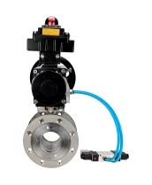 Кран шаровой DN.ru BV3232P-FP-Fb-ISO-H Ду80 Ру16, полнопроходной межфланцевый, нержавеющая сталь SS316, уплотнение - PTFE, с пневмоприводом PA-DA-105-1 двойного действия, с пневмораспределителем 4V320-10 220В, с БКВ APL-410N EX
