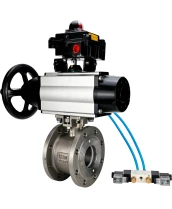 Кран шаровой DN.ru BV3232P-FP-Fb-ISO-H Ду80 Ру16, полнопроходной межфланцевый, нержавеющая сталь SS316, уплотнение - PTFE, с пневмоприводом PA-DA-105-1 двойного действия, с пневмораспределителем 4V320-10 220В, с БКВ APL-410N EX