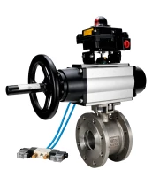 Кран шаровой DN.ru BV3232P-FP-Fb-ISO-H Ду80 Ру16, полнопроходной межфланцевый, нержавеющая сталь SS316, уплотнение - PTFE, с пневмоприводом PA-DA-105-1 двойного действия, с пневмораспределителем 4V320-10 220В, с БКВ APL-410N EX