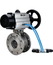 Кран шаровой DN.ru BV3232P-FP-Fb-ISO-H Ду80 Ру16, полнопроходной межфланцевый, нержавеющая сталь SS316, уплотнение - PTFE, с пневмоприводом PA-DA-105-1 двойного действия, с пневмораспределителем 4V320-08 220В