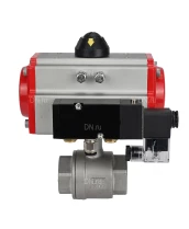 Кран шаровой DN.ru BV3232P(2pc)-FP-T-ISO-H Ду15 Ру63 полнопроходной двухходовой, нержавеющая сталь 316, внутренняя резьба, уплотнение - PTFE, с пневмоприводом PA-DA-052 двойного действия и пневмораспределителем 4M310-08 24В