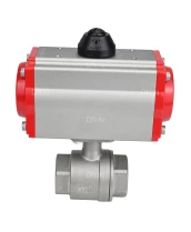 Кран шаровой DN.ru BV3232P(2pc)-FP-T-ISO-H Ду25 Ру63 полнопроходной двухходовой, нержавеющая сталь 316, внутренняя резьба, уплотнение - PTFE, с пневмоприводом двойного действия PA-DA-052