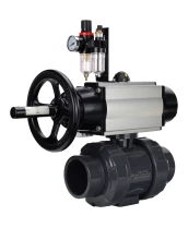 Кран шаровой DN.ru BV4242E-FP-GRM-ISO Дн65 Ру10 полнопроходной, корпус - НПВХ, шар - НПВХ, уплотнение - EPDM, с пневмоприводом PA-DA-105-1, пневмораспределителем 4M310-08 220В и БПВ AFC2000