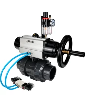 Кран шаровой DN.ru BV4242E-FP-GRM-ISO Дн15 Ру10 полнопроходной, корпус - НПВХ, шар - НПВХ, уплотнение - EPDM, с пневмоприводом PA-DA-105-1, пневмораспределителем 4V320-10 220В и БПВ AFC2000