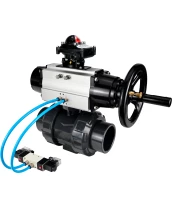 Кран шаровой DN.ru BV4242E-FP-GRM-ISO Дн15 Ру10 полнопроходной, корпус - НПВХ, шар - НПВХ, уплотнение - EPDM, с пневмоприводом PA-DA-105-1, пневмораспределителем 4V320-08 220В и БКВ APL-210N