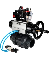 Кран шаровой DN.ru BV4242E-FP-GRM-ISO Дн15 Ру10 полнопроходной, корпус - НПВХ, шар - НПВХ, уплотнение - EPDM, с пневмоприводом PA-DA-105-1, пневмораспределителем 4V320-08 220В, БКВ APL-410N EX и БПВ AFC2000