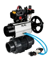 Кран шаровой DN.ru BV4242E-FP-GRM-ISO Дн32 Ру10 полнопроходной, корпус - НПВХ, шар - НПВХ, уплотнение - EPDM, с пневмоприводом PA-DA-105-1, пневмораспределителем 4V320-10 220В, БКВ APL-410N EX и БПВ AFC2000