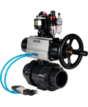 Кран шаровой DN.ru BV4242E-FP-GRM-ISO Дн15 Ру10 полнопроходной, корпус - НПВХ, шар - НПВХ, уплотнение - EPDM, с пневмоприводом PA-DA-105-1, пневмораспределителем 4V320-08 220В, БКВ APL-510N EX и БПВ AFC2000