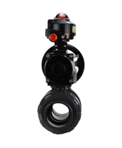 Кран шаровой DN.ru BV4242E-FP-GRM-ISO Дн20 Ру10 полнопроходной, корпус - НПВХ, шар - НПВХ, уплотнение - EPDM, с пневмоприводом PA-DA-105-1 и БКВ APL-510N EX