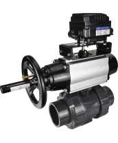 Кран шаровой DN.ru BV4242E-FP-GRM-ISO Дн100 Ру10 полнопроходной, корпус - НПВХ, шар - НПВХ, уплотнение - EPDM, с пневмоприводом PA-DA-105-1 и пневмопозиционером YT-1000RSN с обратной связью