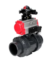 Кран шаровой DN.ru BV4242E-FP-GRM-ISO Дн15 Ру10 полнопроходной, корпус - НПВХ, шар - НПВХ, уплотнение - EPDM, с пневмоприводом PA-DA-052, пневмораспределителем 4M310-08 220В и БКВ APL-210N