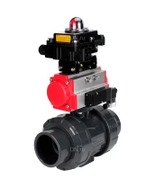 Кран шаровой DN.ru BV4242E-FP-GRM-ISO Дн40 Ру10 полнопроходной, корпус - НПВХ, шар - НПВХ, уплотнение - EPDM, с пневмоприводом PA-DA-052, пневмораспределителем 4M310-08 24В и БКВ APL-410N EX