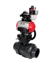 Кран шаровой DN.ru BV4242E-FP-GRM-ISO Дн15 Ру10 полнопроходной, корпус - НПВХ, шар - НПВХ, уплотнение - EPDM, с пневмоприводом PA-DA-052, пневмораспределителем 4M310-08 220В, ручным дублером MON1-250-T26-ISO, БКВ APL-210N и БПВ AFC2000