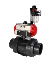 Кран шаровой DN.ru BV4242E-FP-GRM-ISO Дн15 Ру10 полнопроходной, корпус - НПВХ, шар - НПВХ, уплотнение - EPDM, с пневмоприводом PA-DA-052, пневмораспределителем 4M310-08 220В и БПВ AFC2000