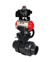 Кран шаровой DN.ru BV4242E-FP-GRM-ISO Дн15 Ру10 полнопроходной, корпус - НПВХ, шар - НПВХ, уплотнение - EPDM, с пневмоприводом PA-DA-052, пневмораспределителем 4M310-08 220В, ручным дублером MON1-250-T26-ISO и БКВ APL-410N EX