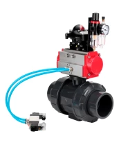 Кран шаровой DN.ru BV4242E-FP-GRM-ISO Дн15 Ру10 полнопроходной, корпус - НПВХ, шар - НПВХ, уплотнение - EPDM, с пневмоприводом PA-SA-052, пневмораспределителем 4V320-10 220В, БКВ APL-210N и БПВ AFC2000