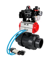 Кран шаровой DN.ru BV4242E-FP-GRM-ISO Дн15 Ру10 полнопроходной, корпус - НПВХ, шар - НПВХ, уплотнение - EPDM, с пневмоприводом PA-DA-052, пневмораспределителем 4V320-08 220В, БКВ APL-410N EX и БПВ AFC2000