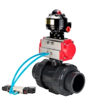 Кран шаровой DN.ru BV4242E-FP-GRM-ISO Дн15 Ру10 полнопроходной, корпус - НПВХ, шар - НПВХ, уплотнение - EPDM, с пневмоприводом PA-DA-052, пневмораспределителем 4V320-08 220В и БКВ APL-510N EX