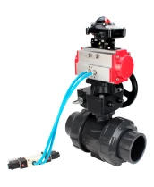 Кран шаровой DN.ru BV4242E-FP-GRM-ISO Дн15 Ру10 полнопроходной, корпус - НПВХ, шар - НПВХ, уплотнение - EPDM, с пневмоприводом PA-DA-052, пневмораспределителем 4V320-08 220В, ручным дублером MON1-250-T26-ISO и БКВ APL-210N