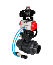 Кран шаровой DN.ru BV4242E-FP-GRM-ISO Дн15 Ру10 полнопроходной, корпус - НПВХ, шар - НПВХ, уплотнение - EPDM, с пневмоприводом PA-DA-052, пневмораспределителем 4V320-08 220В, ручным дублером MON1-250-T26-ISO и БКВ APL-410N EX