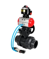 Кран шаровой DN.ru BV4242E-FP-GRM-ISO Дн20 Ру10 полнопроходной, корпус - НПВХ, шар - НПВХ, уплотнение - EPDM, с пневмоприводом PA-DA-052, пневмораспределителем 4V320-10 220В, ручным дублером MON1-250-T26-ISO и БКВ APL-510N EX