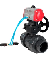 Кран шаровой DN.ru BV4242E-FP-GRM-ISO Дн50 Ру10 полнопроходной, корпус - НПВХ, шар - НПВХ, уплотнение - EPDM, с пневмоприводом PA-DA-052, пневмораспределителем 4V320-10 220В и ручным дублером MON1-250-T26-ISO