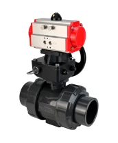 Кран шаровой DN.ru BV4242E-FP-GRM-ISO Дн15 Ру10 полнопроходной, корпус - НПВХ, шар - НПВХ, уплотнение - EPDM, с пневмоприводом PA-DA-052 и ручным дублером MON1-250-T26-ISO