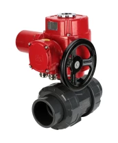 Кран шаровой DN.ru BV4242E-FP-GRM-ISO Дн15 Ру10 полнопроходной, корпус - НПВХ, шар - НПВХ, уплотнение - EPDM, с электроприводом взрывозащищенным DN.ru QT-EX-005M-O2-380VAC-У1 с моментной муфтой и штурвалом