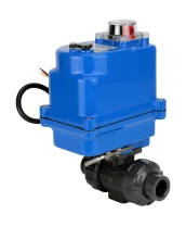 Кран шаровой DN.ru BV4242E-FP-GRM-ISO Дн15 Ру10 полнопроходной, клеевой с разборным муфтовым соединением, корпус - НПВХ, шар - НПВХ, уплотнение - EPDM, с электроприводом DN.ru QT-N-003EM-O1-12VDC-У1 blue