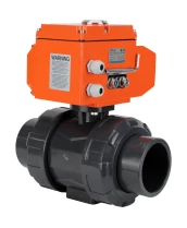 Кран шаровой DN.ru BV4242E-FP-GRM-ISO Дн15 Ру10 полнопроходной, клеевой с разборным муфтовым соединением, корпус - НПВХ, шар - НПВХ, уплотнение - EPDM, с электроприводом DN.ru QT-N-003EM-O1-220VAC-У1 HARK