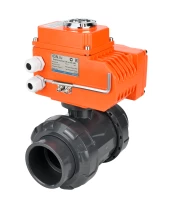 Кран шаровой DN.ru BV4242E-FP-GRM-ISO Дн15 Ру10 полнопроходной, клеевой с разборным муфтовым соединением, корпус - НПВХ, шар - НПВХ, уплотнение - EPDM, с электроприводом DN.ru QT-N-003EM-O1-24VDC-У1 HARK