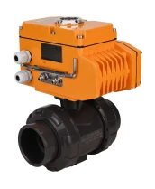 Кран шаровой DN.ru BV4242E-FP-GRM-ISO Дн15 Ру10 полнопроходной, клеевой с разборным муфтовым соединением, корпус - НПВХ, шар - НПВХ, уплотнение - EPDM, с электроприводом DN.ru QT-N-005EM-O1-380VAC-У1