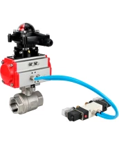 Кран шаровой DN.ru BV3232P(2pc)-FP-T-ISO-H Ду80 Ру40 полнопроходной, внутренняя резьба, нержавеющая сталь 316, уплотнение - PTFE, с пневмоприводом PA-SA-105, пневмораспределителем 4V320-08 220В, БКВ APL-210N