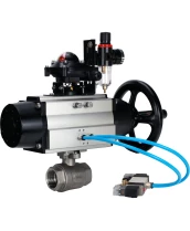 Кран шаровой DN.ru BV3232P(2pc)-FP-T-ISO-H Ду80 Ру40, полнопроходной, внутренняя резьба, нержавеющая сталь SS316, уплотнение - PTFE, с пневмоприводом PA-DA-105-1 двойного действия, с пневмораспределителем 4V320-08 220В, с БКВ APL-210N, с БПВ AFC2000