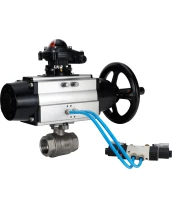 Кран шаровой DN.ru BV3232P(2pc)-FP-T-ISO-H Ду80 Ру40, полнопроходной, внутренняя резьба, нержавеющая сталь SS316, уплотнение - PTFE, с пневмоприводом PA-DA-105-1 двойного действия, с пневмораспределителем 4V320-08 220В, с БКВ APL-210N