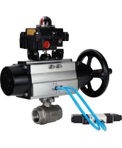 Кран шаровой DN.ru BV3232P(2pc)-FP-T-ISO-H Ду80 Ру40, полнопроходной, внутренняя резьба, нержавеющая сталь SS316, уплотнение - PTFE, с пневмоприводом PA-DA-105-1 двойного действия, с пневмораспределителем 4V320-08 220В, с БКВ APL-410N EX