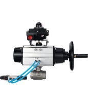 Кран шаровой DN.ru BV3232P(2pc)-FP-T-ISO-H Ду80 Ру40, полнопроходной, внутренняя резьба, нержавеющая сталь SS316, уплотнение - PTFE, с пневмоприводом PA-DA-105-1 двойного действия, с пневмораспределителем 4V320-08 220В, с БКВ APL-410N EX